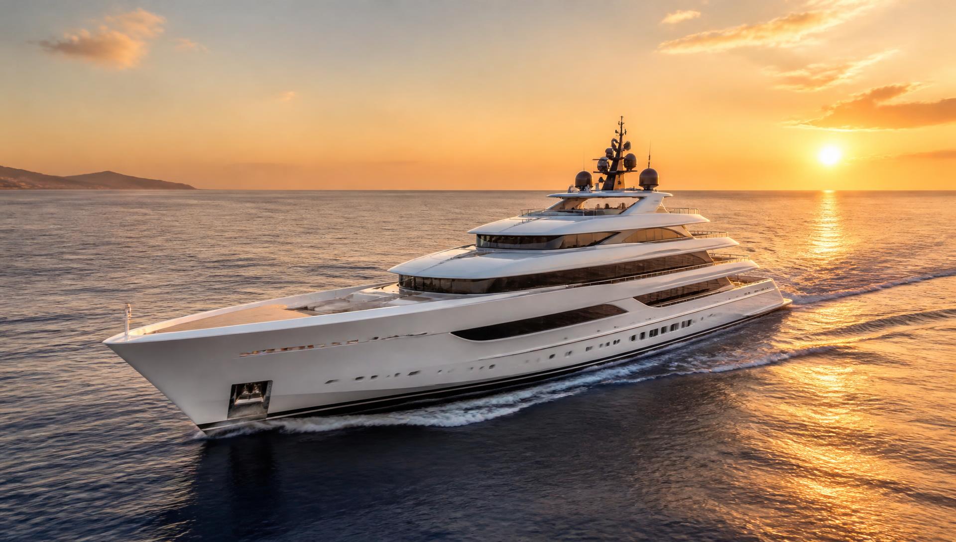 Lyxig yacht på öppet hav i solnedgång